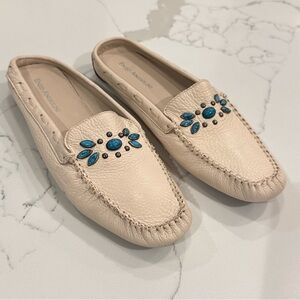 Enzo Angiolini Cream Leather Slip On Moccasins Turquoise Accents Women 8.5 Mules
